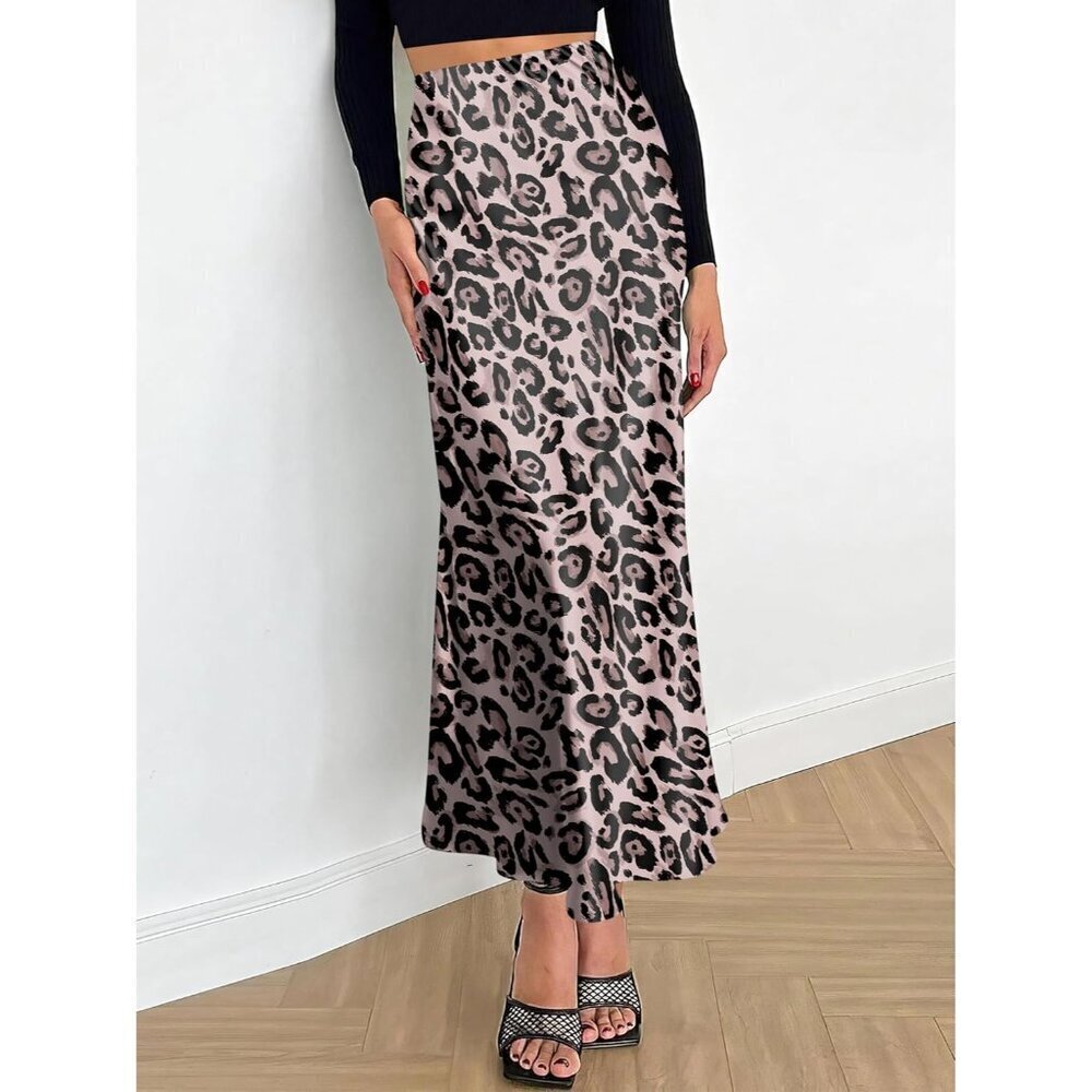 Women Leopard Maxi Dressy Casual Zipped High Waisted Silk Elegant Long Skirt - Picture 4 of 7
